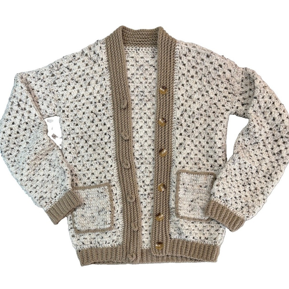 Handmade Crochet Hexagon Cardigan Sweater Unisex M/L Granny Square Pockets Boho - Picture 6 of 6